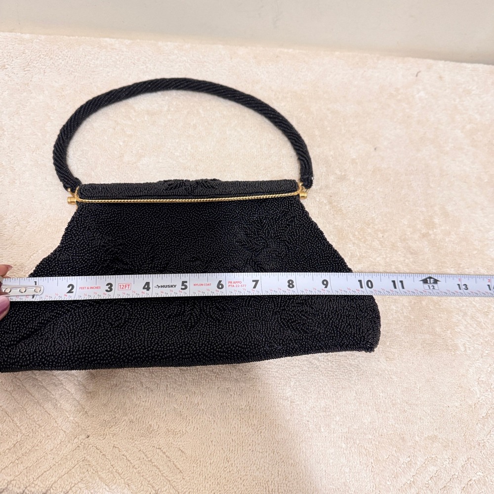 Vintage 1960s Black Hand Beaded Floral Evening Handbag Made in Hong Kong - Picture 13 of 14
